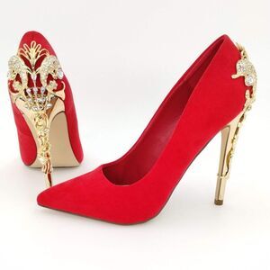 JustFab Heels Red Pumps Embellished Gold Heel Size 8